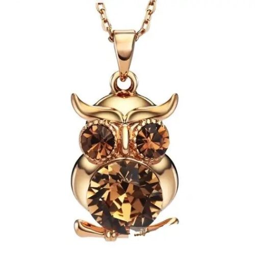 Náhrdelník s príveskom sova, hnedý, zdobený kryštálmi Swarovski