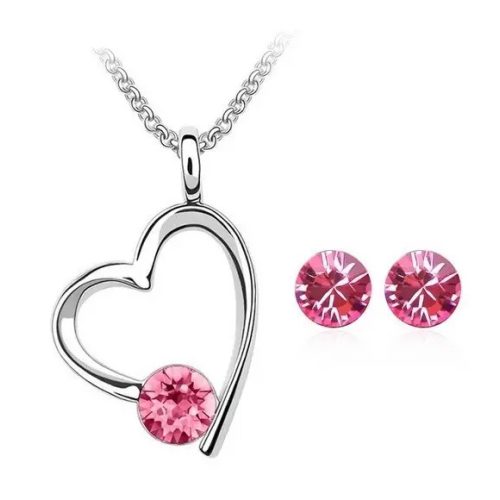 Súprava šperkov s príveskom srdiečko, ružová, zdobená kryštálmi Swarovski