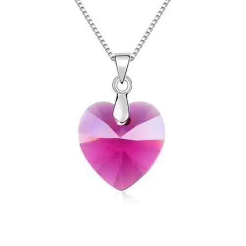 Náhrdelník so srdiečkovým príveskom, fuchsiový, zdobený kryštálmi Swarovski