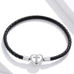 Dámsky náramok striebro/koža, zapínanie na srdce, 19 cm