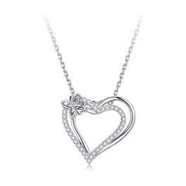   Strieborný náhrdelník s dvojitým srdcom, prívesok motýľ
