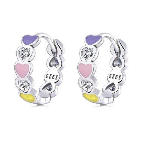 Dámske náušnice, strieborné, s farebnými srdiečkami