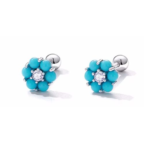 Ezüst fülbevaló, virág, türkiz