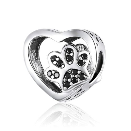 Strieborné kúzlo, srdce s čiernou psou labkou