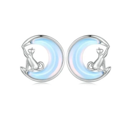 Strieborné náušnice, mačka s mesiacom