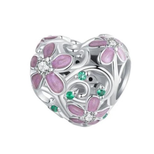 Strieborné kúzlo, srdce s kvetmi