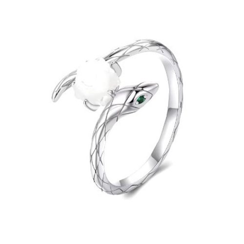 Strieborný prsteň, had s ružou, nastaviteľná veľkosť