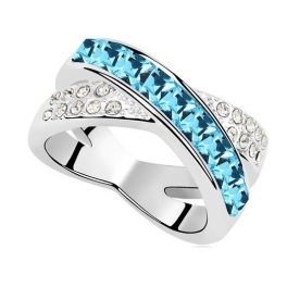   Krížový prsteň, Aquamarine, zdobený kryštálmi Swarovski, 6.5