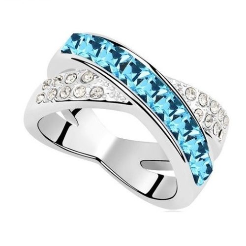 Krížový prsteň, Aquamarine, zdobený kryštálmi Swarovski, 6.5