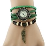 Kožený dámsky náramok hodiniek Angel wings, zelený