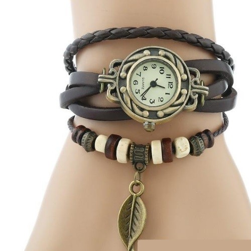 Dámsky kožený náramok hodiniek s anjelskými krídlami, kávovo hnedý