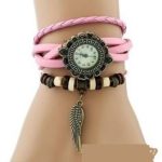 Kožené dámske náramkové hodinky Angel wings, ružové