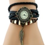 Kožené dámske náramkové hodinky Angel wings, čierne