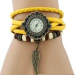 Kožený dámsky náramok hodiniek Angel wings, žltý