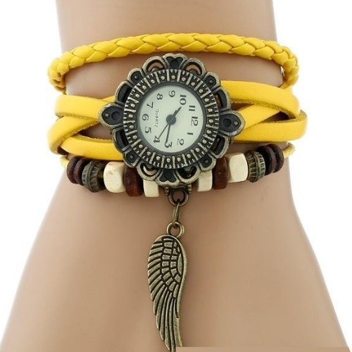 Kožený dámsky náramok hodiniek Angel wings, žltý