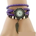 Kožený dámsky náramok hodiniek Angel wings, fialová