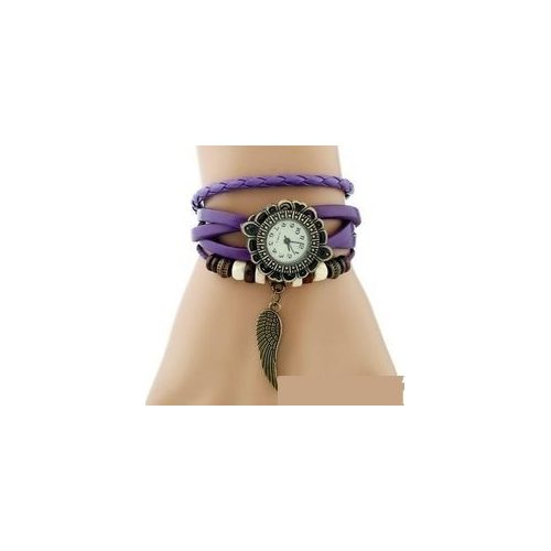 Kožený dámsky náramok hodiniek Angel wings, fialová