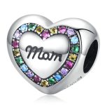 Strieborný kúzlo, srdce, s nápisom mama, s dúhovými kryštálmi