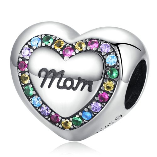 Strieborný kúzlo, srdce, s nápisom mama, s dúhovými kryštálmi
