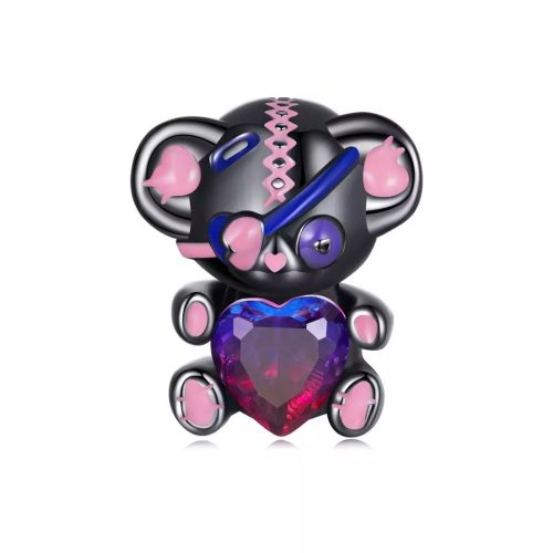 Strieborné kúzlo so srdiečkom medvedíka, čierno-ružové
