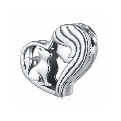 Ezüst charm, szív macskával