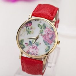   Dámske náramkové hodinky s kvetinovým ciferníkom, červené