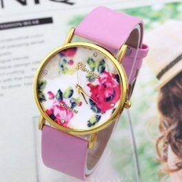   Dámske náramkové hodinky s kvetinovým ciferníkom, ružové