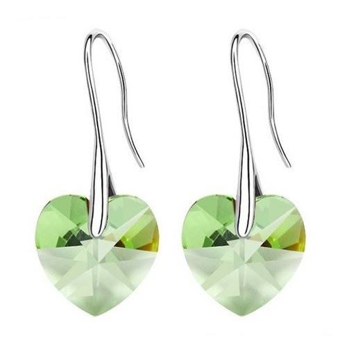 Náušnice so srdiečkami, peridot, zdobené kryštálmi Swarovski