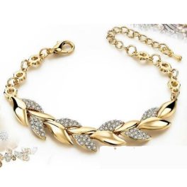 Náramok s listami, zdobený kryštálmi, v zlatej farbe