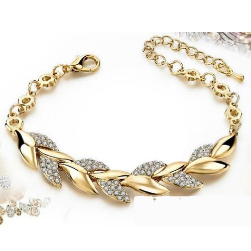 Náramok s listami, zdobený kryštálmi, v zlatej farbe