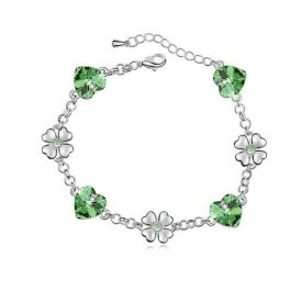   Náramok srdiečko a ďatelina, Peridot zelená, zdobený kryštálmi Swarovski