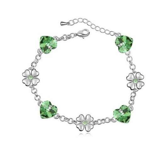 Náramok srdiečko a ďatelina, Peridot zelená, zdobený kryštálmi Swarovski