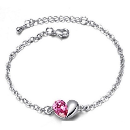 Náramok srdiečko, ružový, zdobený kryštálmi Swarovski