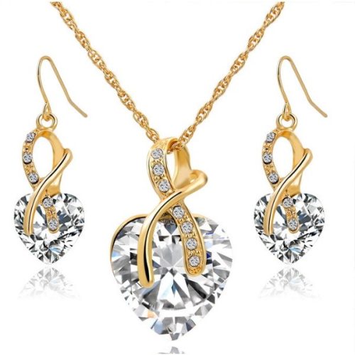 Pozlátená súprava náušníc a náhrdelníka v tvare srdca, biela