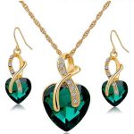 Pozlátená súprava náušníc a náhrdelníka v tvare srdca, zelená