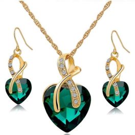   Pozlátená súprava náušníc a náhrdelníka v tvare srdca, zelená