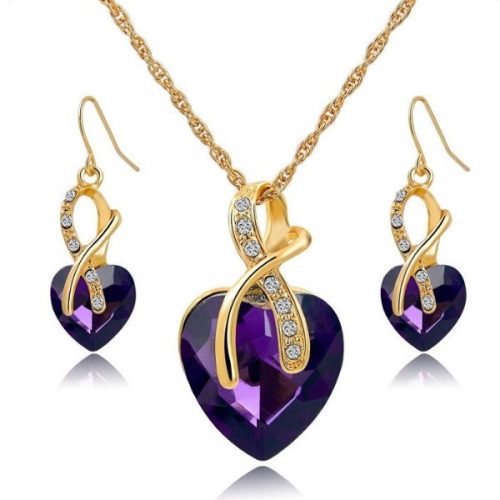 Pozlátená súprava náušníc a náhrdelníka v tvare srdca, fialová