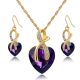 Pozlátená súprava náušníc a náhrdelníka v tvare srdca, fialová