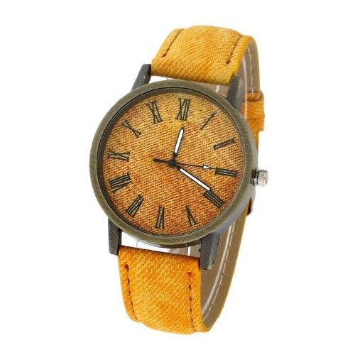 Dámske náramkové hodinky s džínsovým vzorom, remienok zo syntetickej kože, žltá farba