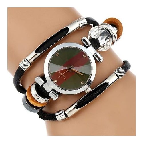 Dámske náramkové hodinky s trojitým koženým remienkom čiernej farby