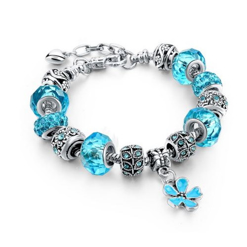 Postriebrený, korálkový náramok, tyrkys