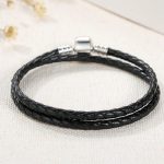 Pletený náramok, kožený, čierny, so strieborným zapínaním, 40 cm