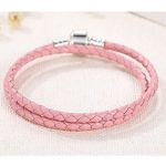 Pletený náramok, kožený, ružový, so strieborným zapínaním, 40 cm