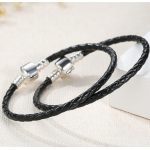 Pletený náramok, kožený, čierny, so strieborným zapínaním, 20 cm