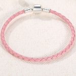 Pletený náramok, kožený, ružový, so strieborným zapínaním, 18 cm