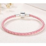 Pletený náramok, kožený, ružový, so strieborným zapínaním, 20 cm