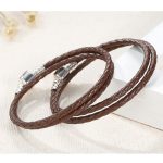 Pletený náramok, kožený, hnedý, so strieborným zapínaním, 40 cm