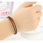 Pletený náramok, kožený, hnedý, so strieborným zapínaním, 40 cm