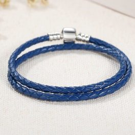   Pletený náramok, kožený, modrý, so strieborným zapínaním, 36 cm