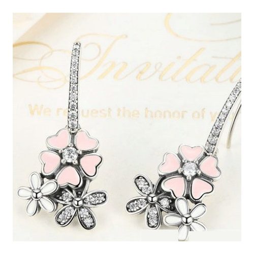 Strieborné náušnice z čerešňových kvetov so štrasovým vešiakom, ružové